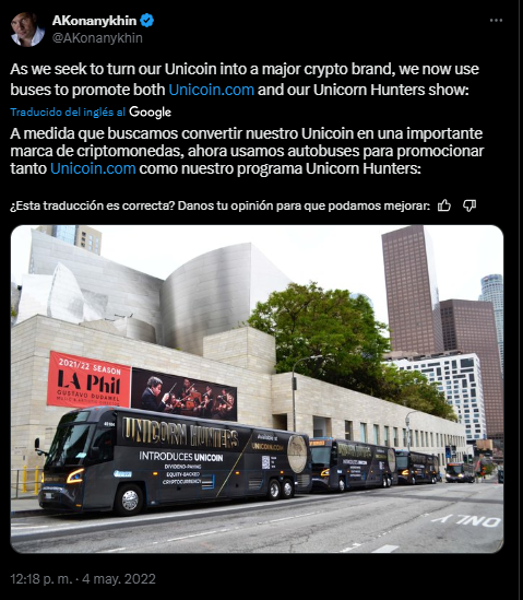 Mensaje del CEO de Unicoin en X mostrando la campaña promocional a la empresa de tokenización de bienes raíces.