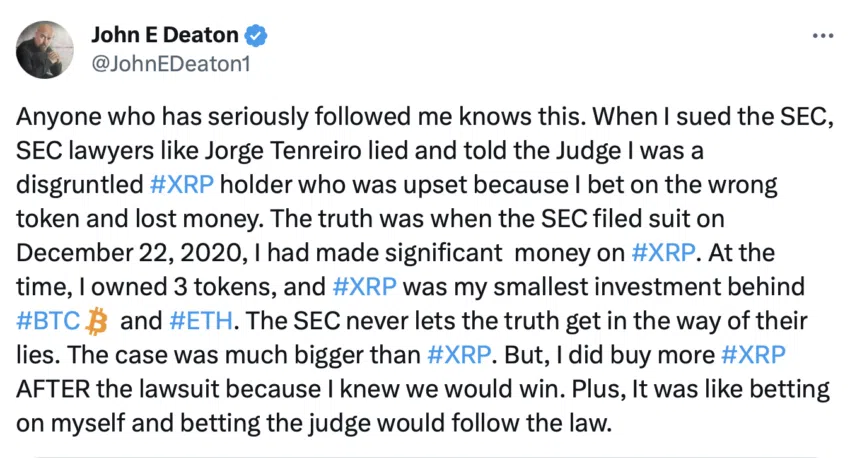 Tweet de la SEC de John Deaton, abogado a favor de Ripple contra la SEC.